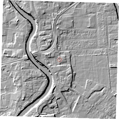 Shaded relief map of the ground around PE216JY, computed from Environment Agency LiDAR. The ground here sits at about 5 m above sea level and falls 8 m across the surrounding 800 m. Surface water reaching this point runs off ground lying to the west-north-west, 2.0 m higher.