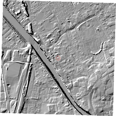 Shaded relief map of the ground around PE216LG, computed from Environment Agency LiDAR. The ground here sits at about 4 m above sea level and falls 8 m across the surrounding 800 m. Surface water reaching this point runs off ground lying to the west-south-west, 1.1 m higher.