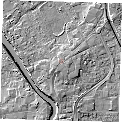 Shaded relief map of the ground around PE216LJ, computed from Environment Agency LiDAR. The ground here sits at about 5 m above sea level and falls 7 m across the surrounding 800 m. Surface water reaching this point runs off ground lying to the south-west, 1.4 m higher.