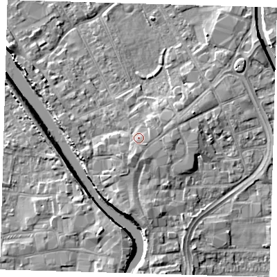 Shaded relief map of the ground around PE216LP, computed from Environment Agency LiDAR. The ground here sits at about 5 m above sea level and falls 7 m across the surrounding 800 m. Surface water reaching this point runs off ground lying to the south-south-west, 1.8 m higher.