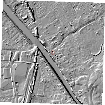 Shaded relief map of the ground around PE216LQ, computed from Environment Agency LiDAR. The ground here sits at about 5 m above sea level and falls 8 m across the surrounding 800 m. Surface water reaching this point runs off ground lying to the south-south-east, 1.6 m higher.