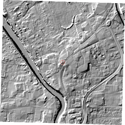 Shaded relief map of the ground around PE216LR, computed from Environment Agency LiDAR. The ground here sits at about 6 m above sea level and falls 7 m across the surrounding 800 m. Surface water reaching this point runs off ground lying to the south-west, 1.0 m higher.