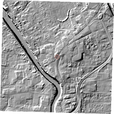 Shaded relief map of the ground around PE216LS, computed from Environment Agency LiDAR. The ground here sits at about 6 m above sea level and falls 7 m across the surrounding 800 m. Surface water reaching this point runs off ground lying to the south-south-east, 1.4 m higher.