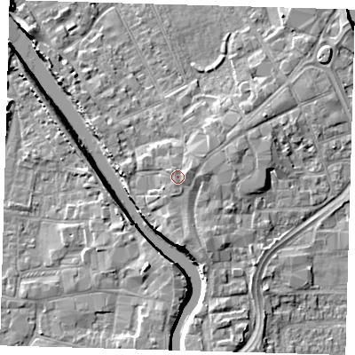 Shaded relief map of the ground around PE216LU, computed from Environment Agency LiDAR. The ground here sits at about 6 m above sea level and falls 7 m across the surrounding 800 m. Surface water reaching this point runs off ground lying to the east-north-east, 0.8 m higher.