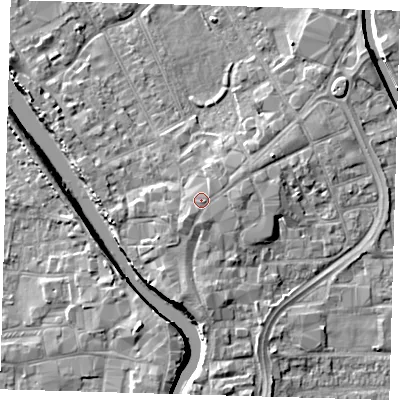 Shaded relief map of the ground around PE216LW, computed from Environment Agency LiDAR. The ground here sits at about 5 m above sea level and falls 7 m across the surrounding 800 m. Surface water reaching this point runs off ground lying to the south-west, 1.2 m higher.
