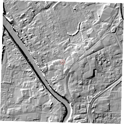 Shaded relief map of the ground around PE216NA, computed from Environment Agency LiDAR. The ground here sits at about 5 m above sea level and falls 7 m across the surrounding 800 m. Surface water reaching this point runs off ground lying to the south-south-east, 2.7 m higher.