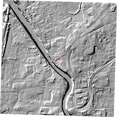 Shaded relief map of the ground around PE216ND, computed from Environment Agency LiDAR. The ground here sits at about 5 m above sea level and falls 7 m across the surrounding 800 m. Surface water reaching this point runs off ground lying to the south-east, 1.7 m higher.
