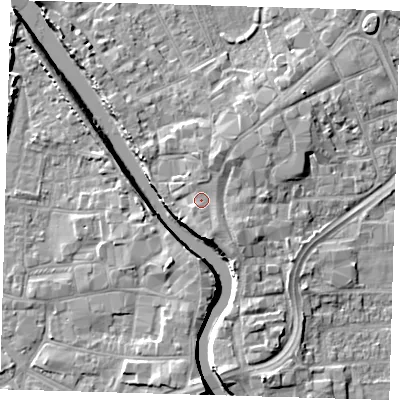 Shaded relief map of the ground around PE216NF, computed from Environment Agency LiDAR. The ground here sits at about 6 m above sea level and falls 7 m across the surrounding 800 m. Surface water reaching this point runs off ground lying to the south-south-east, 1.1 m higher.