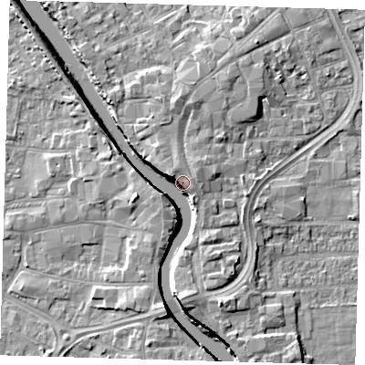 Shaded relief map of the ground around PE216NH, computed from Environment Agency LiDAR. The ground here sits at about 6 m above sea level and falls 7 m across the surrounding 800 m. Surface water reaching this point runs off ground lying to the south, 6.5 m higher.