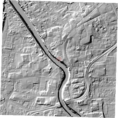 Shaded relief map of the ground around PE216NN, computed from Environment Agency LiDAR. The ground here sits at about 6 m above sea level and falls 7 m across the surrounding 800 m. Surface water reaching this point runs off ground lying to the south-east, 6.2 m higher.