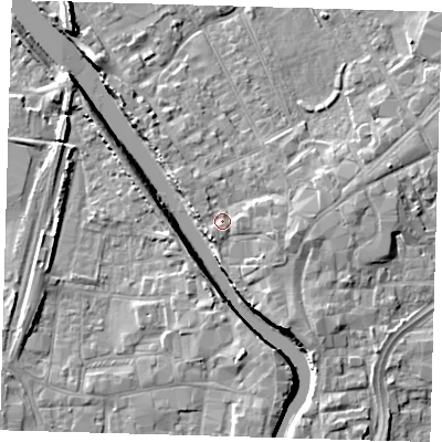 Shaded relief map of the ground around PE216NP, computed from Environment Agency LiDAR. The ground here sits at about 5 m above sea level and falls 7 m across the surrounding 800 m. Surface water reaching this point runs off ground lying to the east, 1.5 m higher.