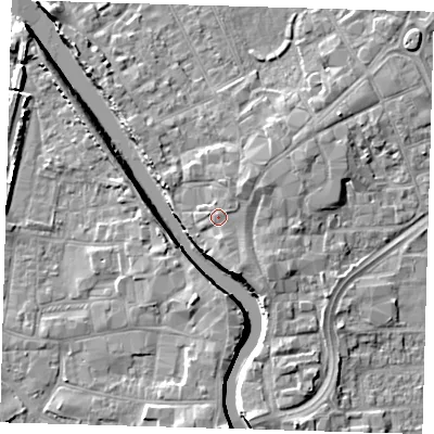 Shaded relief map of the ground around PE216NQ, computed from Environment Agency LiDAR. The ground here sits at about 6 m above sea level and falls 7 m across the surrounding 800 m. Surface water reaching this point runs off ground lying to the south-east, 1.3 m higher.