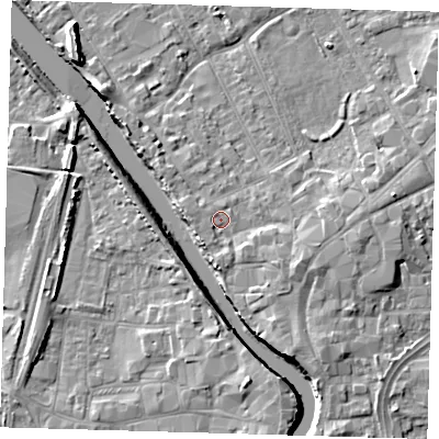 Shaded relief map of the ground around PE216NR, computed from Environment Agency LiDAR. The ground here sits at about 5 m above sea level and falls 7 m across the surrounding 800 m. Surface water reaching this point runs off ground lying to the south-east, 1.5 m higher.