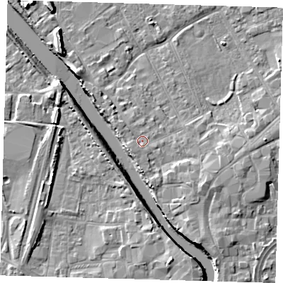 Shaded relief map of the ground around PE216NS, computed from Environment Agency LiDAR. The ground here sits at about 4 m above sea level and falls 7 m across the surrounding 800 m. Surface water reaching this point runs off ground lying to the south-west, 1.0 m higher.