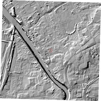 Shaded relief map of the ground around PE216NT, computed from Environment Agency LiDAR. The ground here sits at about 4 m above sea level and falls 7 m across the surrounding 800 m. Surface water reaching this point runs off ground lying to the south-south-west, 0.8 m higher.