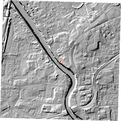 Shaded relief map of the ground around PE216NW, computed from Environment Agency LiDAR. The ground here sits at about 5 m above sea level and falls 7 m across the surrounding 800 m. Surface water reaching this point runs off ground lying to the east-south-east, 1.7 m higher.