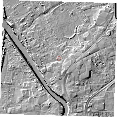 Shaded relief map of the ground around PE216NX, computed from Environment Agency LiDAR. The ground here sits at about 4 m above sea level and falls 7 m across the surrounding 800 m. Surface water reaching this point runs off ground lying to the south-south-east, 2.7 m higher.