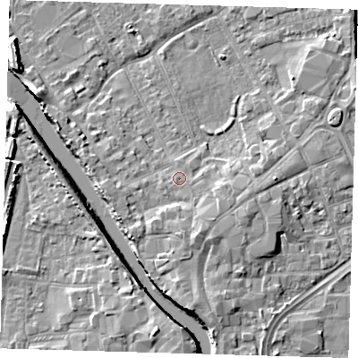 Shaded relief map of the ground around PE216NY, computed from Environment Agency LiDAR. The ground here sits at about 4 m above sea level and falls 7 m across the surrounding 800 m. Surface water reaching this point runs off ground lying to the south-south-east, 2.9 m higher.