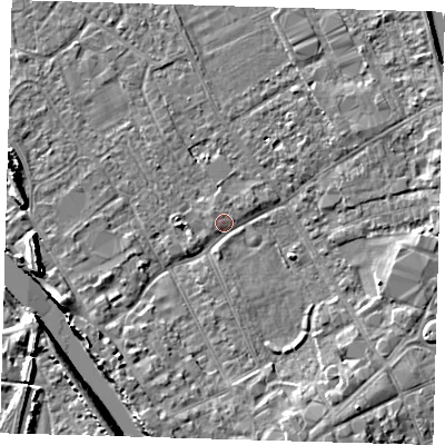 Shaded relief map of the ground around PE216PE, computed from Environment Agency LiDAR. The ground here sits at about 3 m above sea level and falls 8 m across the surrounding 800 m. Surface water reaching this point runs off ground lying to the south-east, 3.8 m higher.