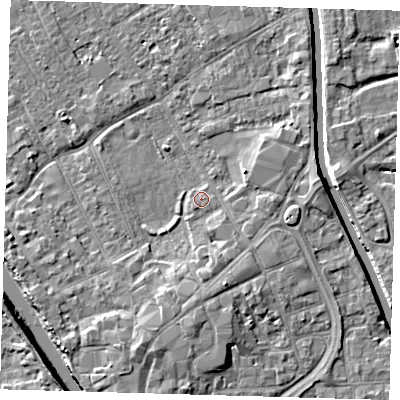 Shaded relief map of the ground around PE216PF, computed from Environment Agency LiDAR. The ground here sits at about 3 m above sea level and falls 7 m across the surrounding 800 m. Surface water reaching this point runs off ground lying to the south-south-east, 3.4 m higher.