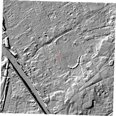 Shaded relief map of the ground around PE216PH, computed from Environment Agency LiDAR. The ground here sits at about 3 m above sea level and falls 7 m across the surrounding 800 m. The ground contributing surface water to this point lies to the south.