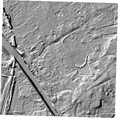 Shaded relief map of the ground around PE216PL, computed from Environment Agency LiDAR. The ground here sits at about 3 m above sea level and falls 8 m across the surrounding 800 m. Surface water reaching this point runs off ground lying to the south-south-east, 4.0 m higher.