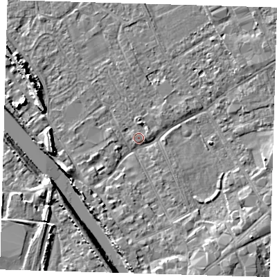 Shaded relief map of the ground around PE216PP, computed from Environment Agency LiDAR. The ground here sits at about 3 m above sea level and falls 8 m across the surrounding 800 m. Surface water reaching this point runs off ground lying to the south-south-east, 4.2 m higher.
