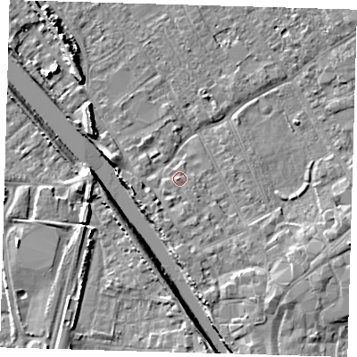 Shaded relief map of the ground around PE216PS, computed from Environment Agency LiDAR. The ground here sits at about 4 m above sea level and falls 8 m across the surrounding 800 m. Surface water reaching this point runs off ground lying to the south, 1.4 m higher.