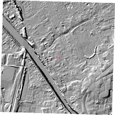 Shaded relief map of the ground around PE216PT, computed from Environment Agency LiDAR. The ground here sits at about 4 m above sea level and falls 8 m across the surrounding 800 m. Surface water reaching this point runs off ground lying to the south-south-west, 1.6 m higher.