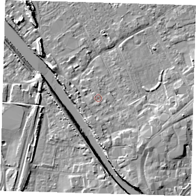 Shaded relief map of the ground around PE216PU, computed from Environment Agency LiDAR. The ground here sits at about 4 m above sea level and falls 8 m across the surrounding 800 m. Surface water reaching this point runs off ground lying to the west-south-west, 1.4 m higher.