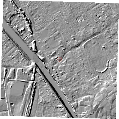 Shaded relief map of the ground around PE216PW, computed from Environment Agency LiDAR. The ground here sits at about 3 m above sea level and falls 8 m across the surrounding 800 m. Surface water reaching this point runs off ground lying to the south, 3.1 m higher.