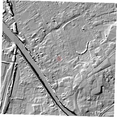 Shaded relief map of the ground around PE216PY, computed from Environment Agency LiDAR. The ground here sits at about 3 m above sea level and falls 8 m across the surrounding 800 m. Surface water reaching this point runs off ground lying to the south-west, 2.6 m higher.