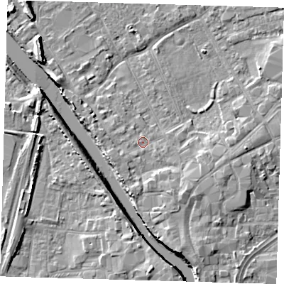 Shaded relief map of the ground around PE216PZ, computed from Environment Agency LiDAR. The ground here sits at about 4 m above sea level and falls 7 m across the surrounding 800 m. Surface water reaching this point runs off ground lying to the south-east, 3.1 m higher.