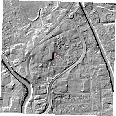 Shaded relief map of the ground around PE216QG, computed from Environment Agency LiDAR. The ground here sits at about 3 m above sea level and falls 7 m across the surrounding 800 m. Surface water reaching this point runs off ground lying to the west, 1.9 m higher.