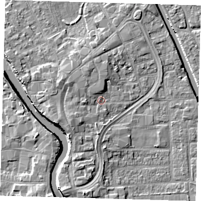 Shaded relief map of the ground around PE216QH, computed from Environment Agency LiDAR. The ground here sits at about 4 m above sea level and falls 7 m across the surrounding 800 m. Surface water reaching this point runs off ground lying to the south-west, 2.9 m higher.