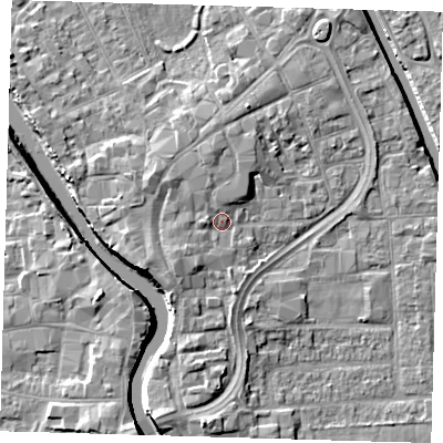 Shaded relief map of the ground around PE216QP, computed from Environment Agency LiDAR. The ground here sits at about 4 m above sea level and falls 7 m across the surrounding 800 m. Surface water reaching this point runs off ground lying to the south-west, 2.7 m higher.