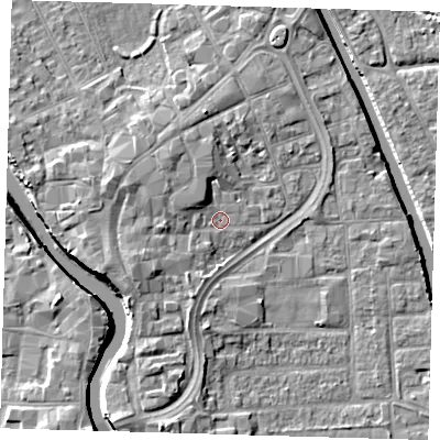 Shaded relief map of the ground around PE216QQ, computed from Environment Agency LiDAR. The ground here sits at about 3 m above sea level and falls 7 m across the surrounding 800 m. Surface water reaching this point runs off ground lying to the west-south-west, 3.3 m higher.
