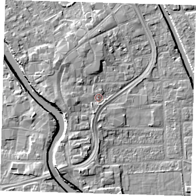 Shaded relief map of the ground around PE216QR, computed from Environment Agency LiDAR. The ground here sits at about 4 m above sea level and falls 7 m across the surrounding 800 m. Surface water reaching this point runs off ground lying to the west, 3.1 m higher.
