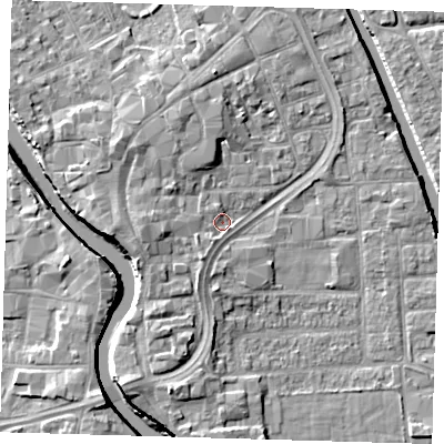 Shaded relief map of the ground around PE216QS, computed from Environment Agency LiDAR. The ground here sits at about 3 m above sea level and falls 7 m across the surrounding 800 m. Surface water reaching this point runs off ground lying to the west, 3.5 m higher.