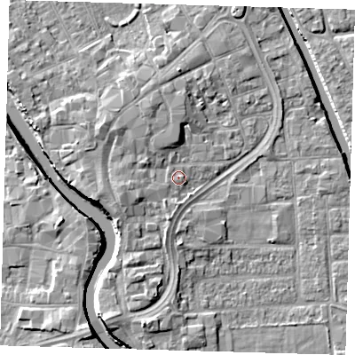 Shaded relief map of the ground around PE216QT, computed from Environment Agency LiDAR. The ground here sits at about 4 m above sea level and falls 7 m across the surrounding 800 m. Surface water reaching this point runs off ground lying to the west-south-west, 0.7 m higher.