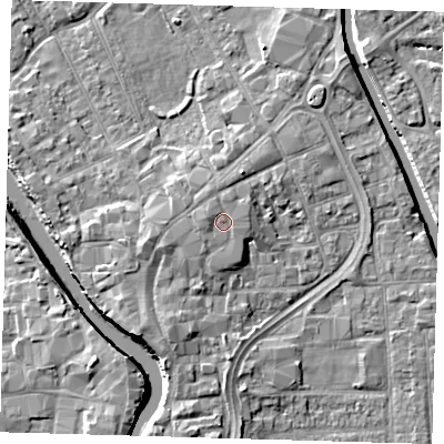 Shaded relief map of the ground around PE216QU, computed from Environment Agency LiDAR. The ground here sits at about 5 m above sea level and falls 7 m across the surrounding 800 m. Surface water reaching this point runs off ground lying to the west-north-west, 0.9 m higher.