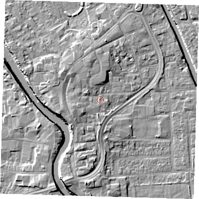Shaded relief map of the ground around PE216QW, computed from Environment Agency LiDAR. The ground here sits at about 4 m above sea level and falls 7 m across the surrounding 800 m. Surface water reaching this point runs off ground lying to the west-south-west, 2.7 m higher.