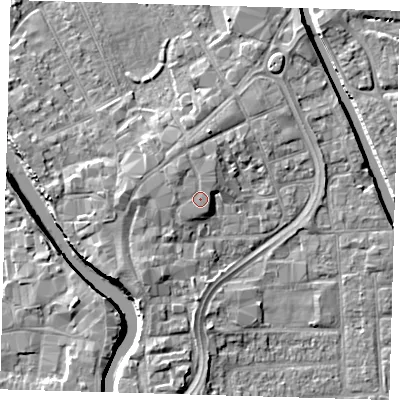 Shaded relief map of the ground around PE216QX, computed from Environment Agency LiDAR. The ground here sits at about 5 m above sea level and falls 7 m across the surrounding 800 m. Surface water reaching this point runs off ground lying to the north-west, 0.9 m higher.