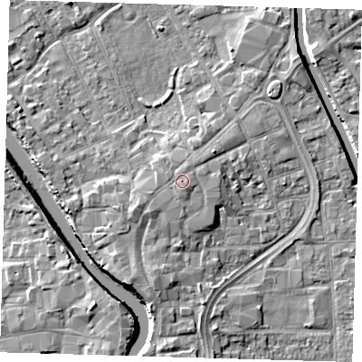 Shaded relief map of the ground around PE216QY, computed from Environment Agency LiDAR. The ground here sits at about 5 m above sea level and falls 7 m across the surrounding 800 m. Surface water reaching this point runs off ground lying to the south-south-east, 0.6 m higher.