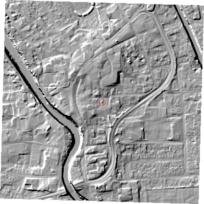 Shaded relief map of the ground around PE216RA, computed from Environment Agency LiDAR. The ground here sits at about 5 m above sea level and falls 7 m across the surrounding 800 m. Surface water reaching this point runs off ground lying to the west-south-west, 2.7 m higher.