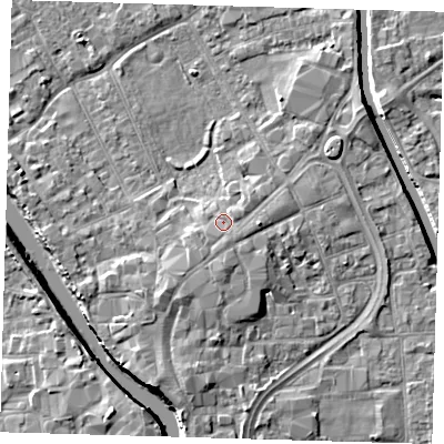 Shaded relief map of the ground around PE216RF, computed from Environment Agency LiDAR. The ground here sits at about 4 m above sea level and falls 7 m across the surrounding 800 m. Surface water reaching this point runs off ground lying to the south-south-west, 1.5 m higher.