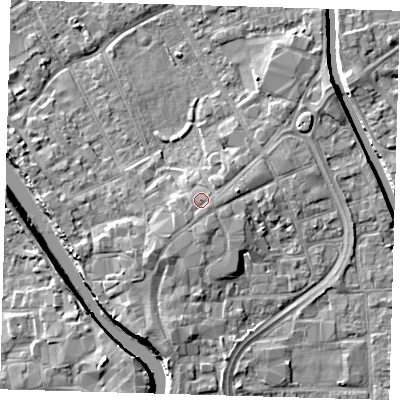 Shaded relief map of the ground around PE216RH, computed from Environment Agency LiDAR. The ground here sits at about 5 m above sea level and falls 7 m across the surrounding 800 m. Surface water reaching this point runs off ground lying to the south-south-west, 0.7 m higher.