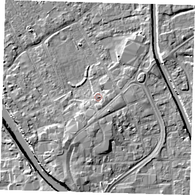 Shaded relief map of the ground around PE216RL, computed from Environment Agency LiDAR. The ground here sits at about 4 m above sea level and falls 7 m across the surrounding 800 m. Surface water reaching this point runs off ground lying to the south, 1.6 m higher.