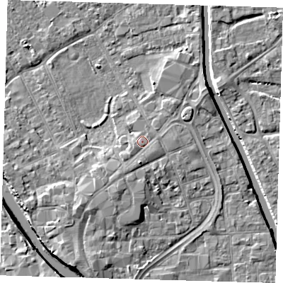 Shaded relief map of the ground around PE216RT, computed from Environment Agency LiDAR. The ground here sits at about 4 m above sea level and falls 7 m across the surrounding 800 m. Surface water reaching this point runs off ground lying to the south, 1.8 m higher.