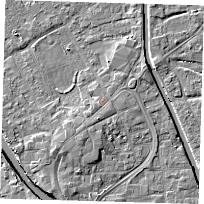 Shaded relief map of the ground around PE216RU, computed from Environment Agency LiDAR. The ground here sits at about 4 m above sea level and falls 7 m across the surrounding 800 m. Surface water reaching this point runs off ground lying to the south-south-west, 1.8 m higher.